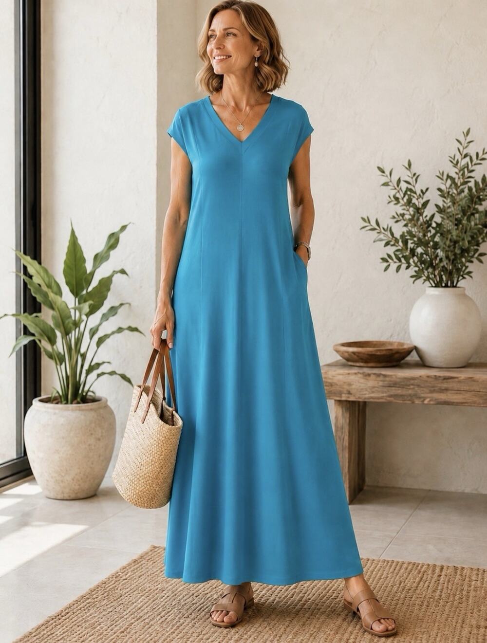 J Jill Wearever Collection Soft Knit V-Neck Teal Midi Dress Loungewear Travel